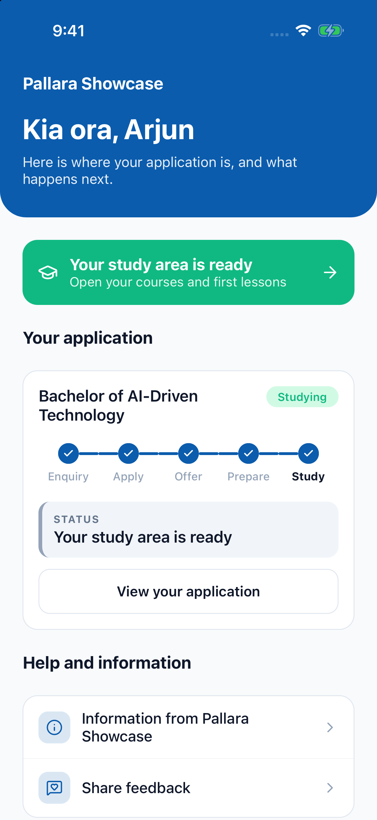 The app home: the stage tracker and your current status.
