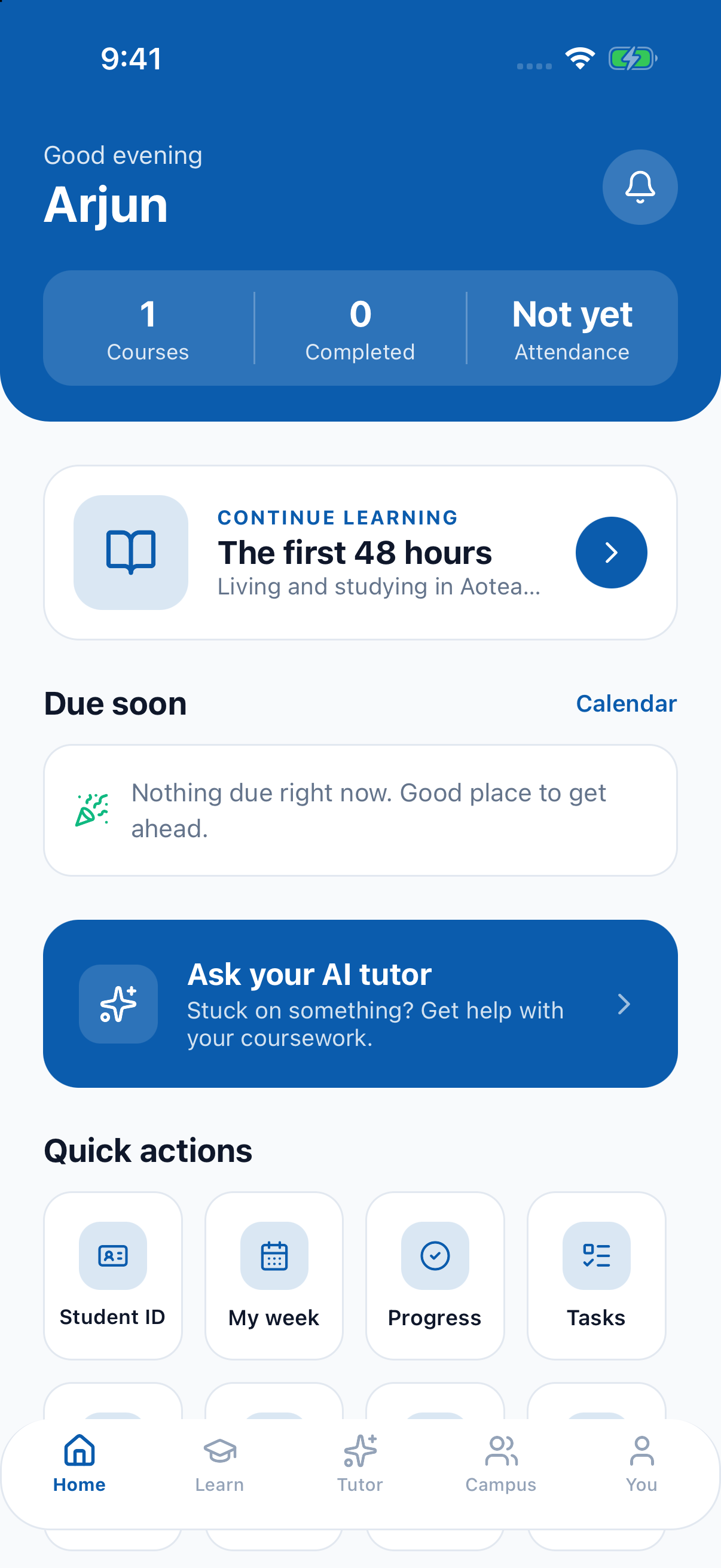 The study home: continue learning and quick actions.