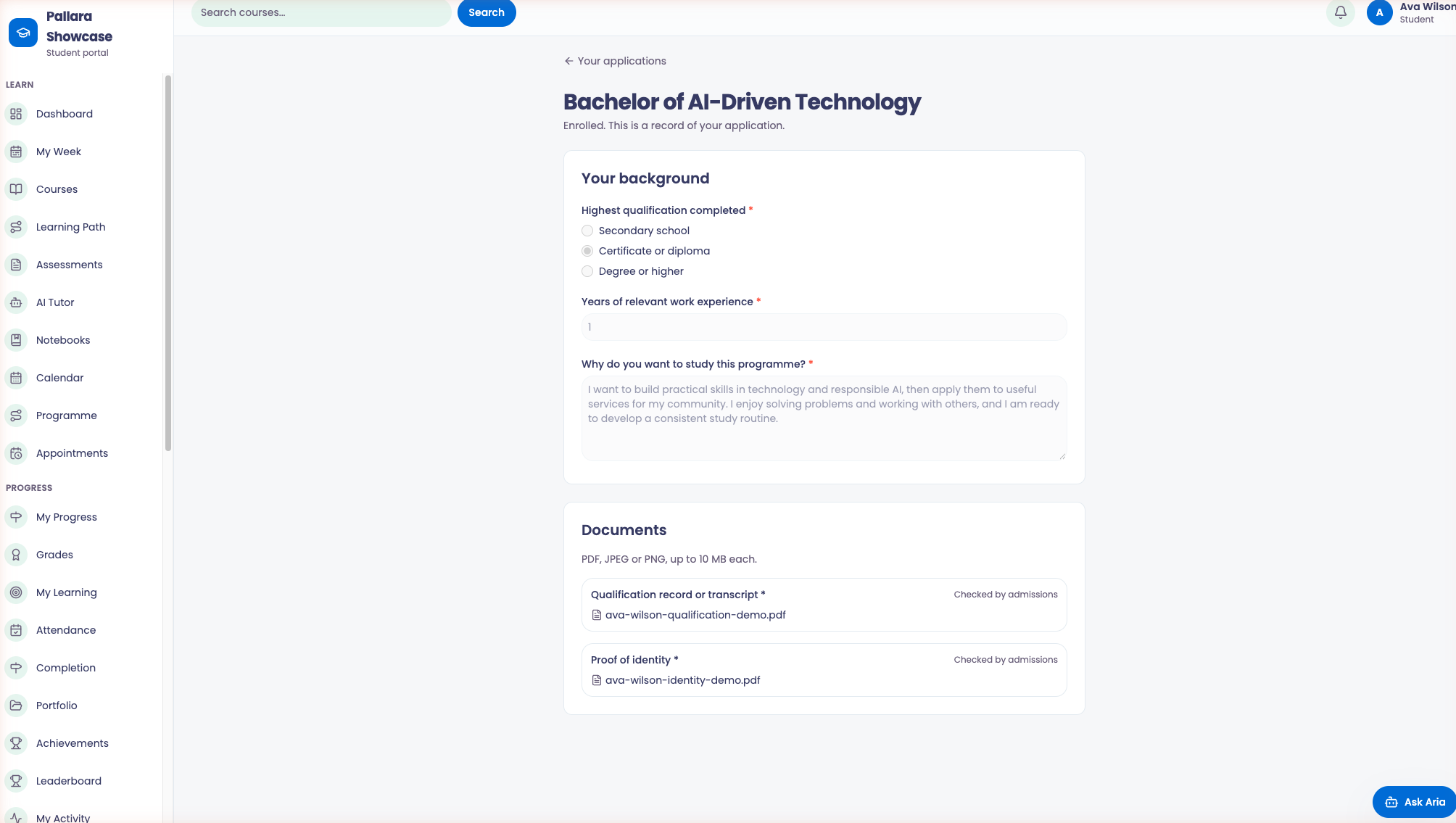 Your application: the form, the documents still needed and the submit button.