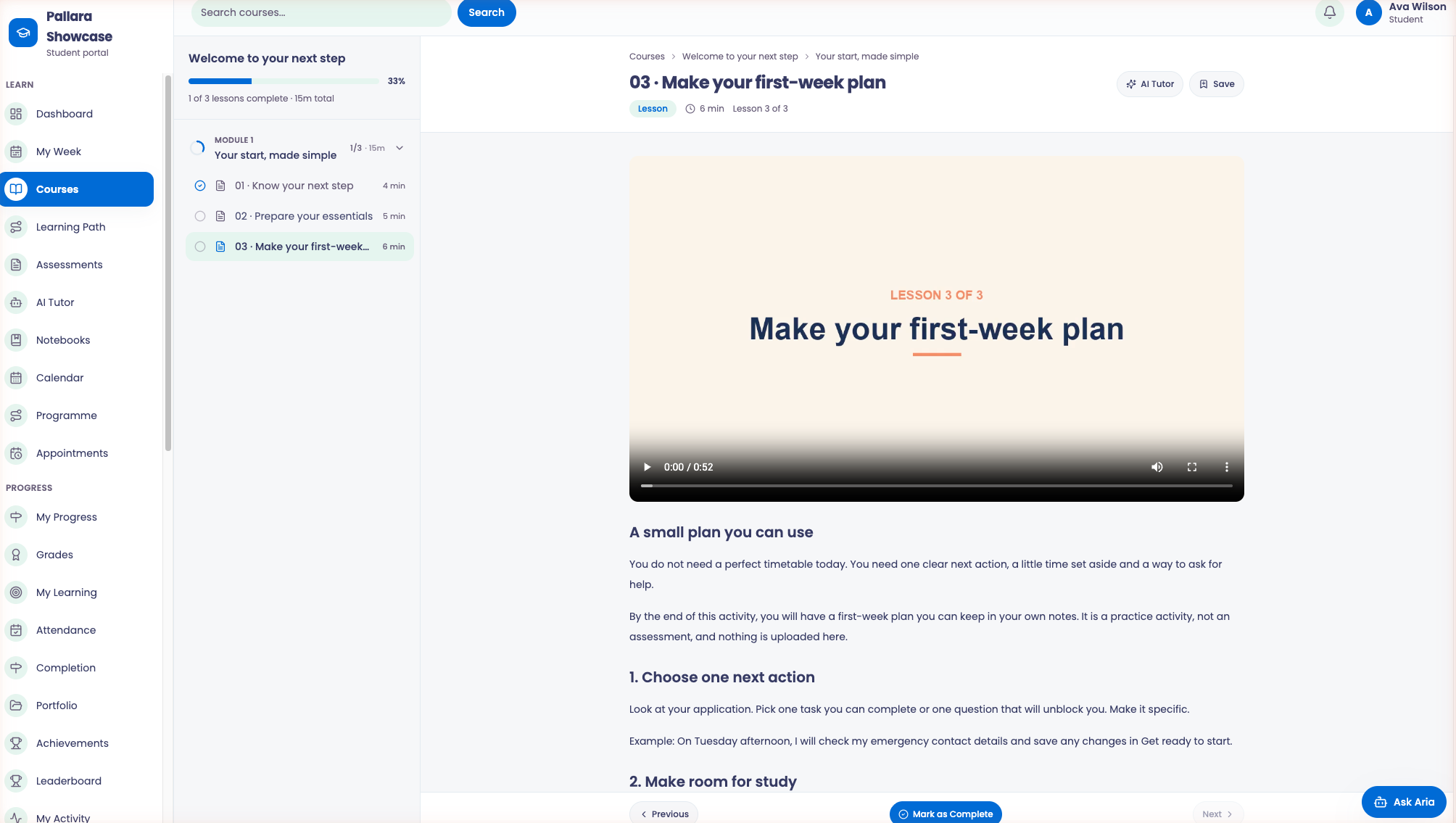 A lesson with its explainer video in the web course player.