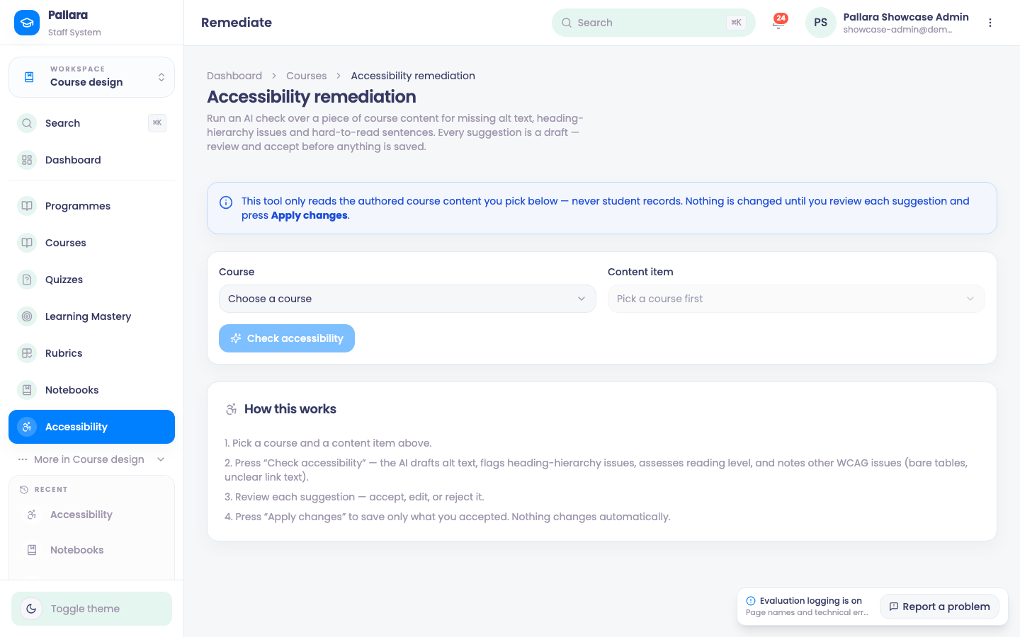 The Accessibility page: choose a course and item, run the check, accept suggestions.