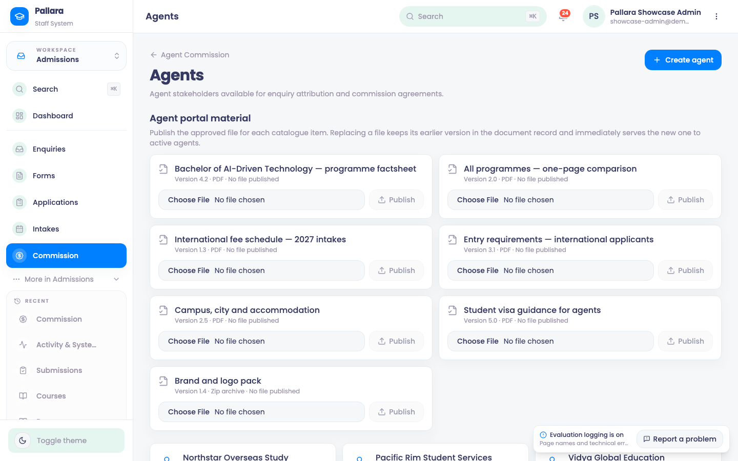 Agents: portal links, training completions and last activity.