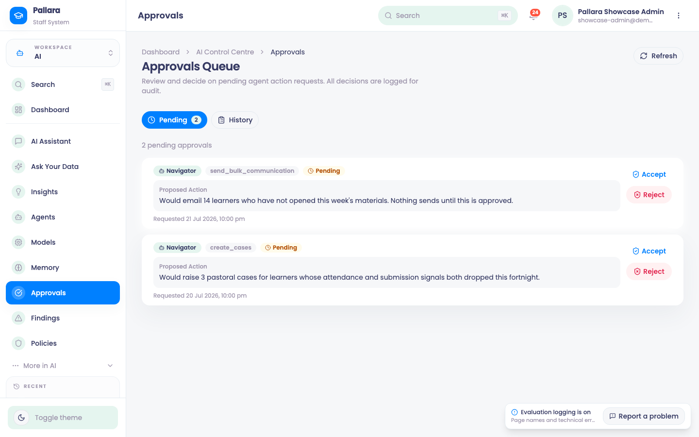 Approvals: pending actions and the history of decisions.
