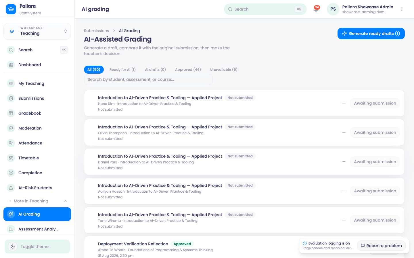 AI-Assisted Grading: generate a draft, compare it with the original submission, then make the teacher's decision.