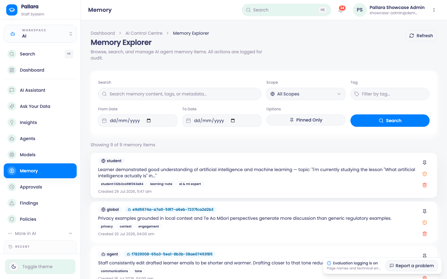 Memory: scope, tags, pinned items and the redact and delete actions.