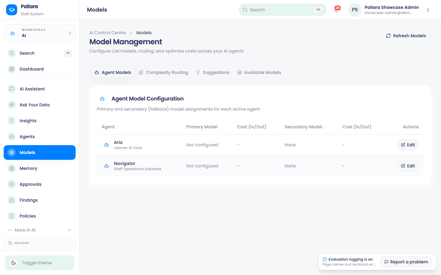 Models: agent assignments, complexity routing and the live registry.