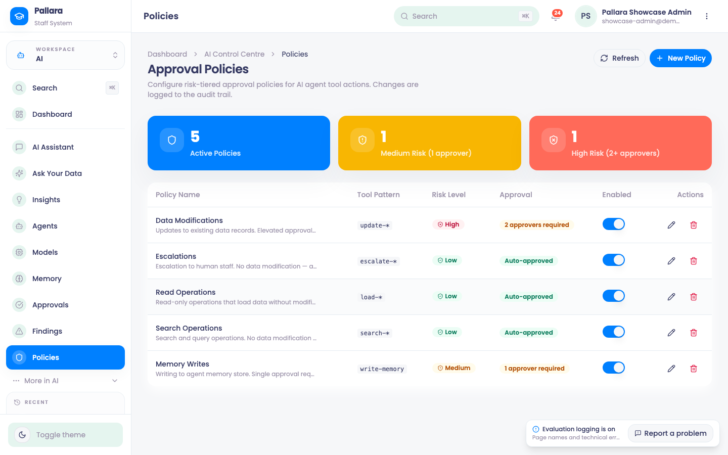 Policies: tool patterns, risk, approval rule and the enabled switch.