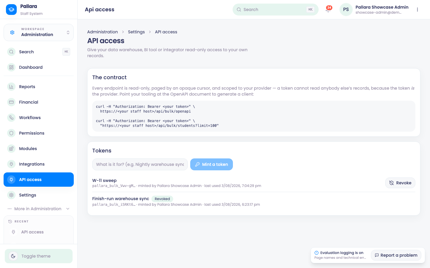 API access: the contract, and the tokens minted for this provider.