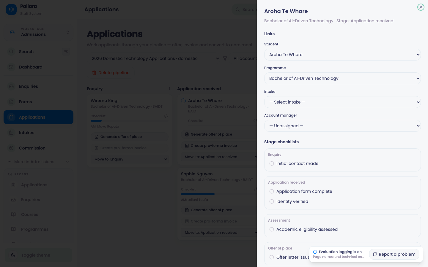 A card's actions: Each card carries the checklist, the account manager and the actions: Generate offer of place, Create pro-forma invoice, Move to: <stage>.