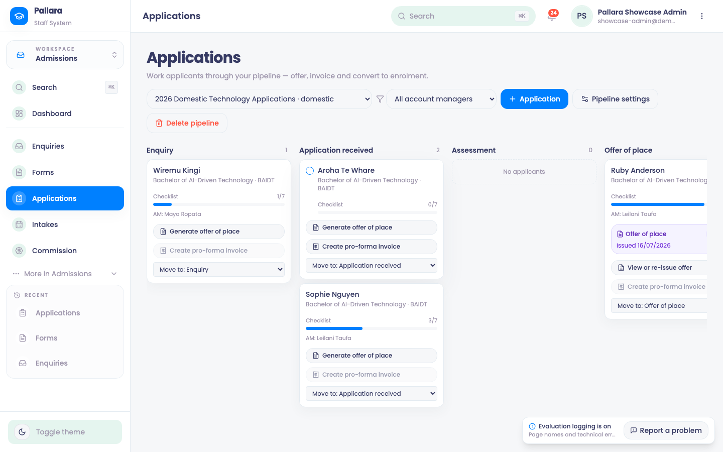 The Applications board. Each pipeline has its own stages; a card opens the application drawer.