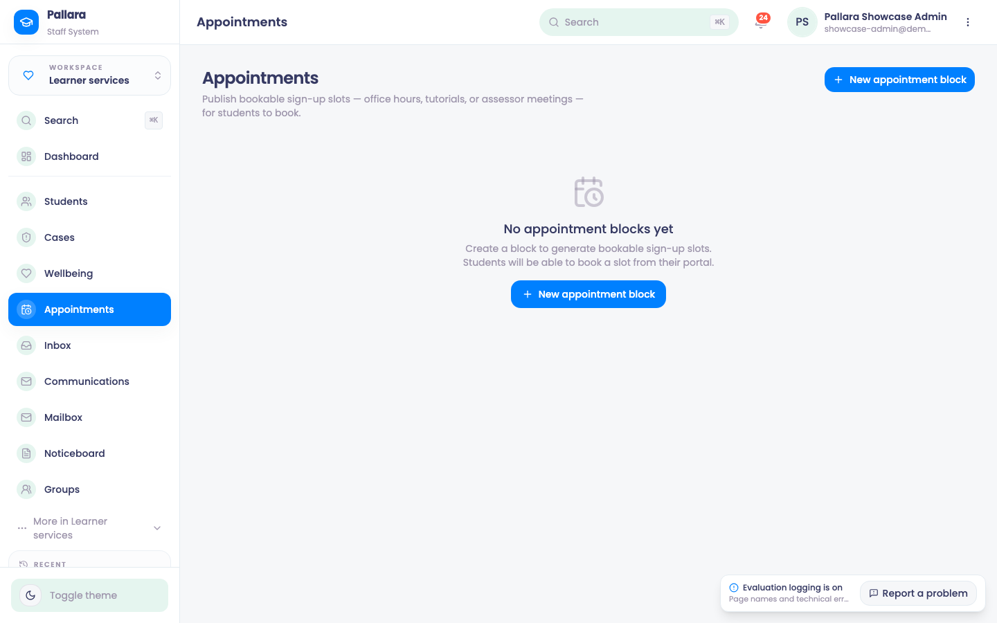 Appointments: create a block to generate bookable sign-up slots.