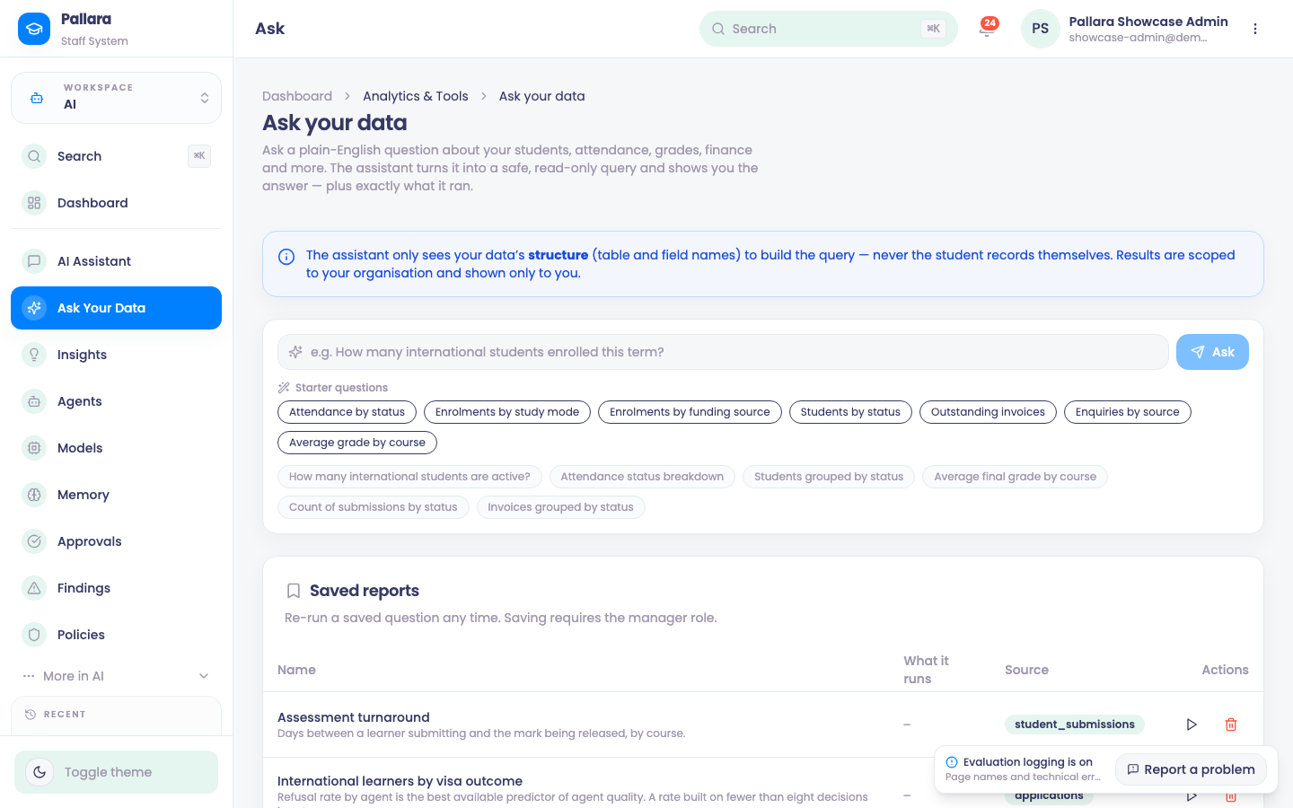 Ask Your Data: the question, the answer, and the plan that produced it.