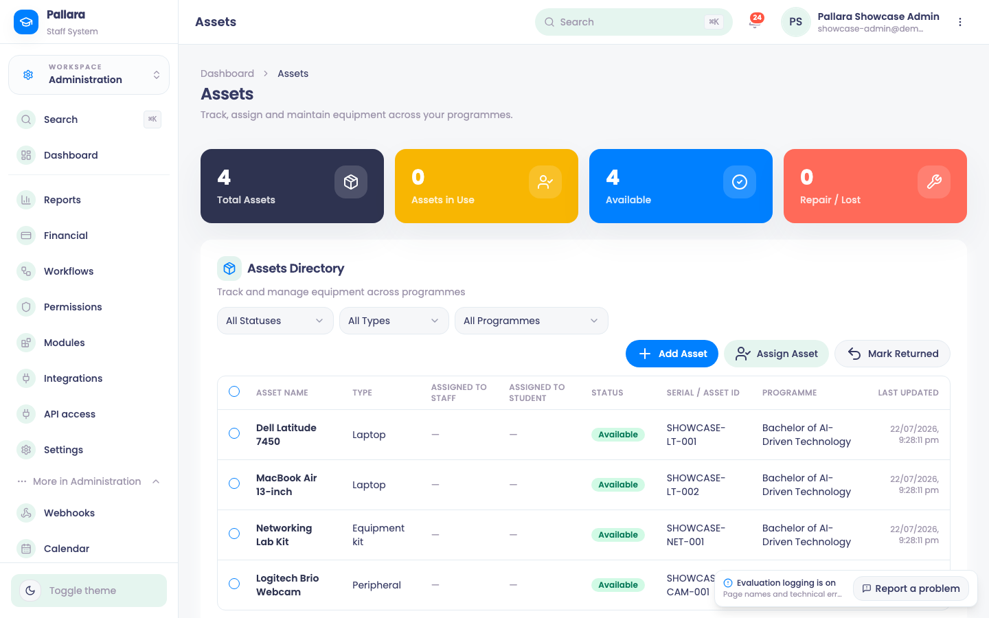 Assets: the equipment directory with status, assignment and programme.