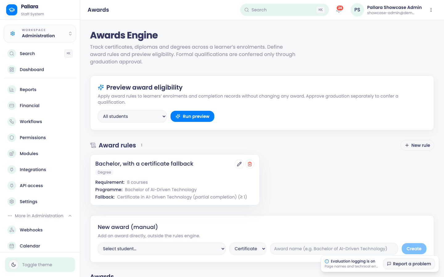 Award rules and the eligibility preview.