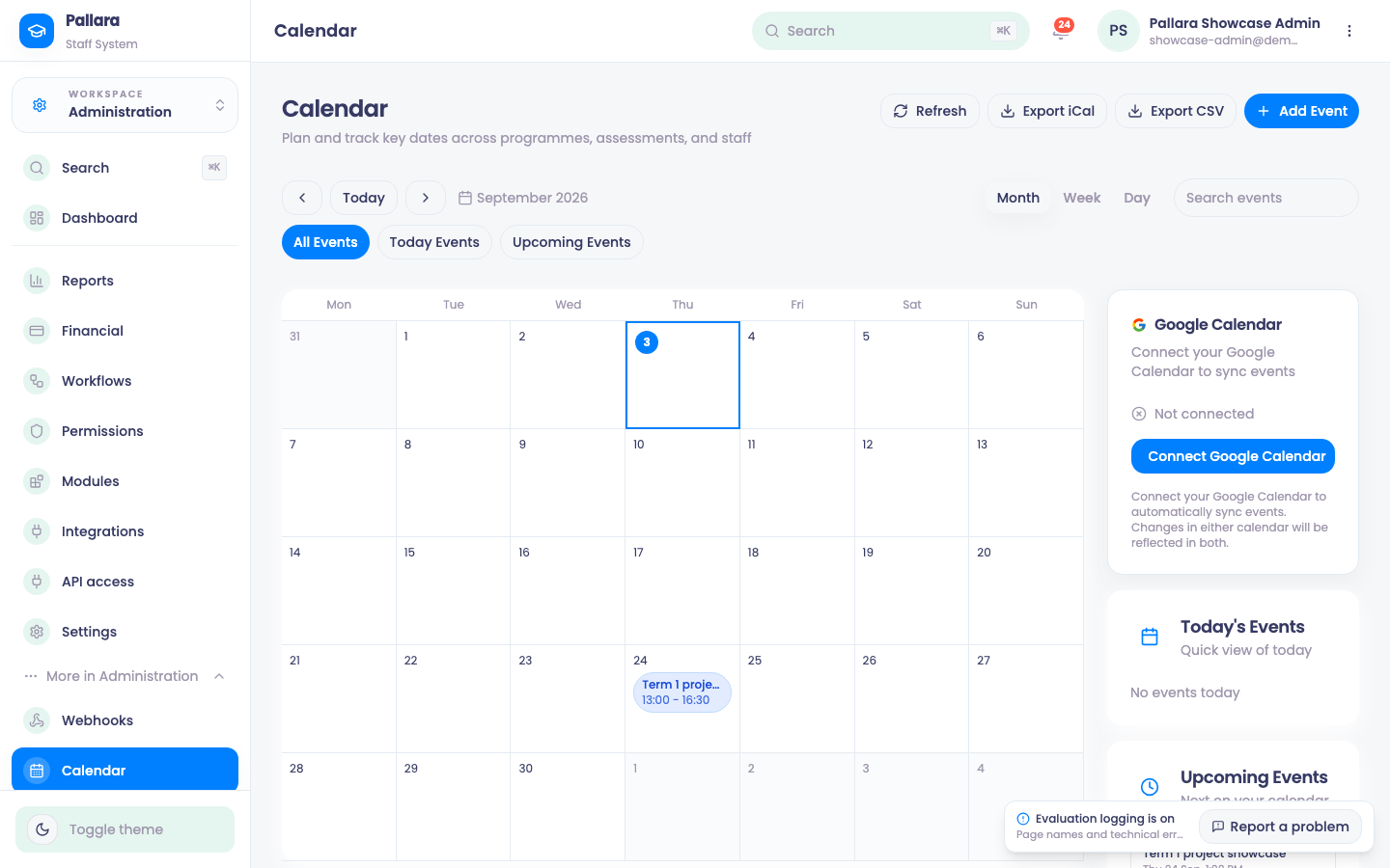 The Calendar: month, week and day views, Add Event, Export iCal and CSV, and the Google Calendar connection.