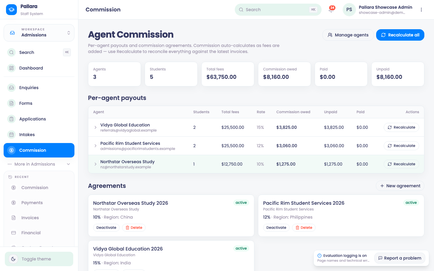 Agent Commission: agreements, calculated payouts and their approval state.