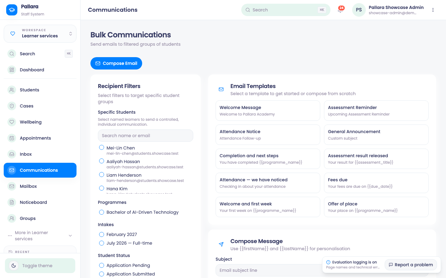 Communications: recipient selection on the left, message and channel on the right.
