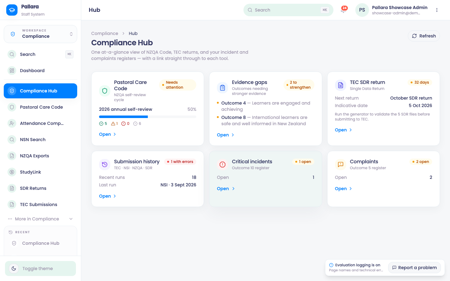 The Compliance Hub: Compliance → Compliance Hub: the Code cycle, the next SDR return, submission history and the registers.