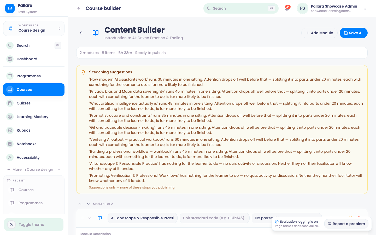 Content Builder: modules, items, learner time, Ready to publish, and the teaching suggestions.