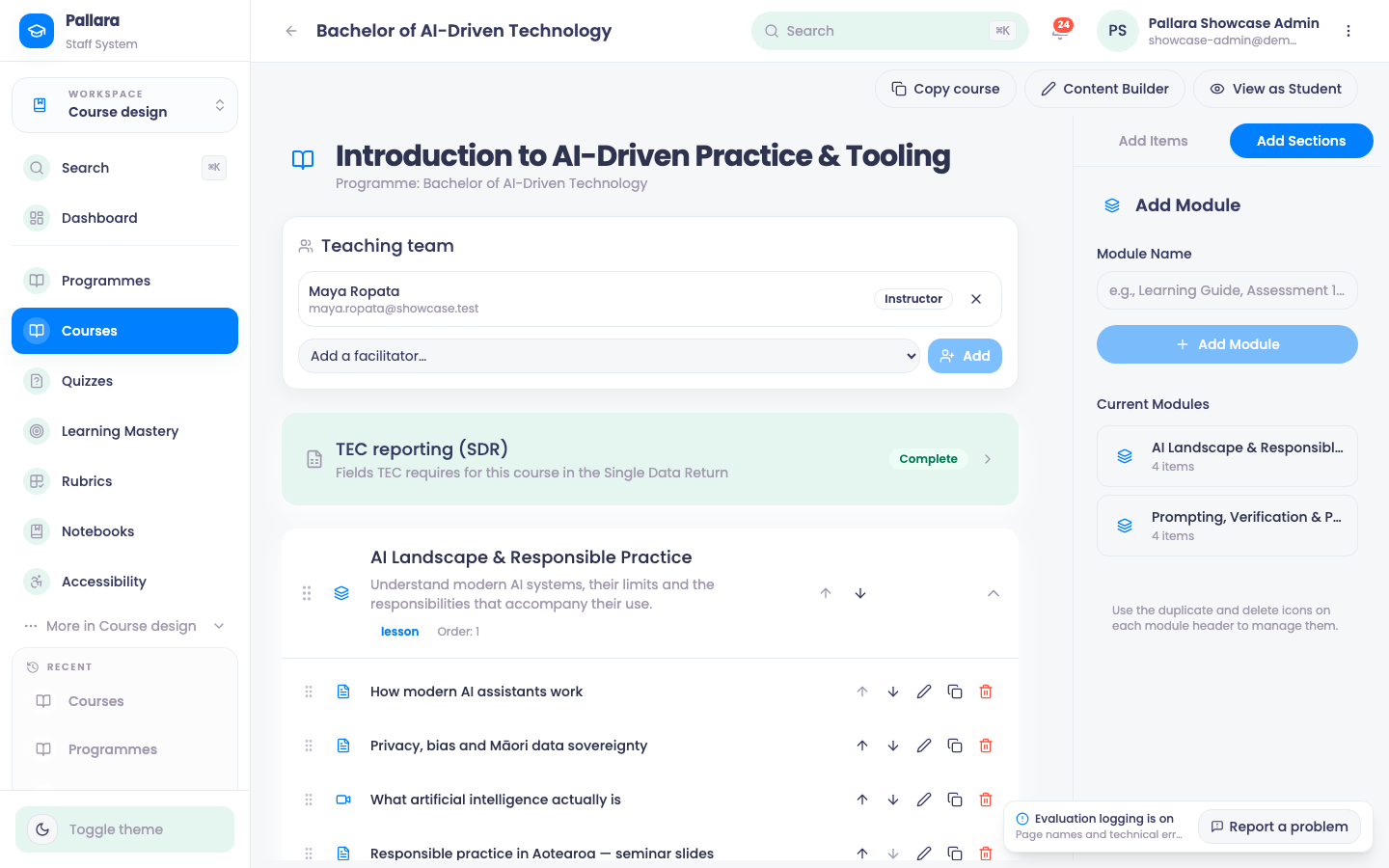 Course detail: A course: teaching team, the TEC reporting (SDR) card, modules and items, and Content Builder in the header.