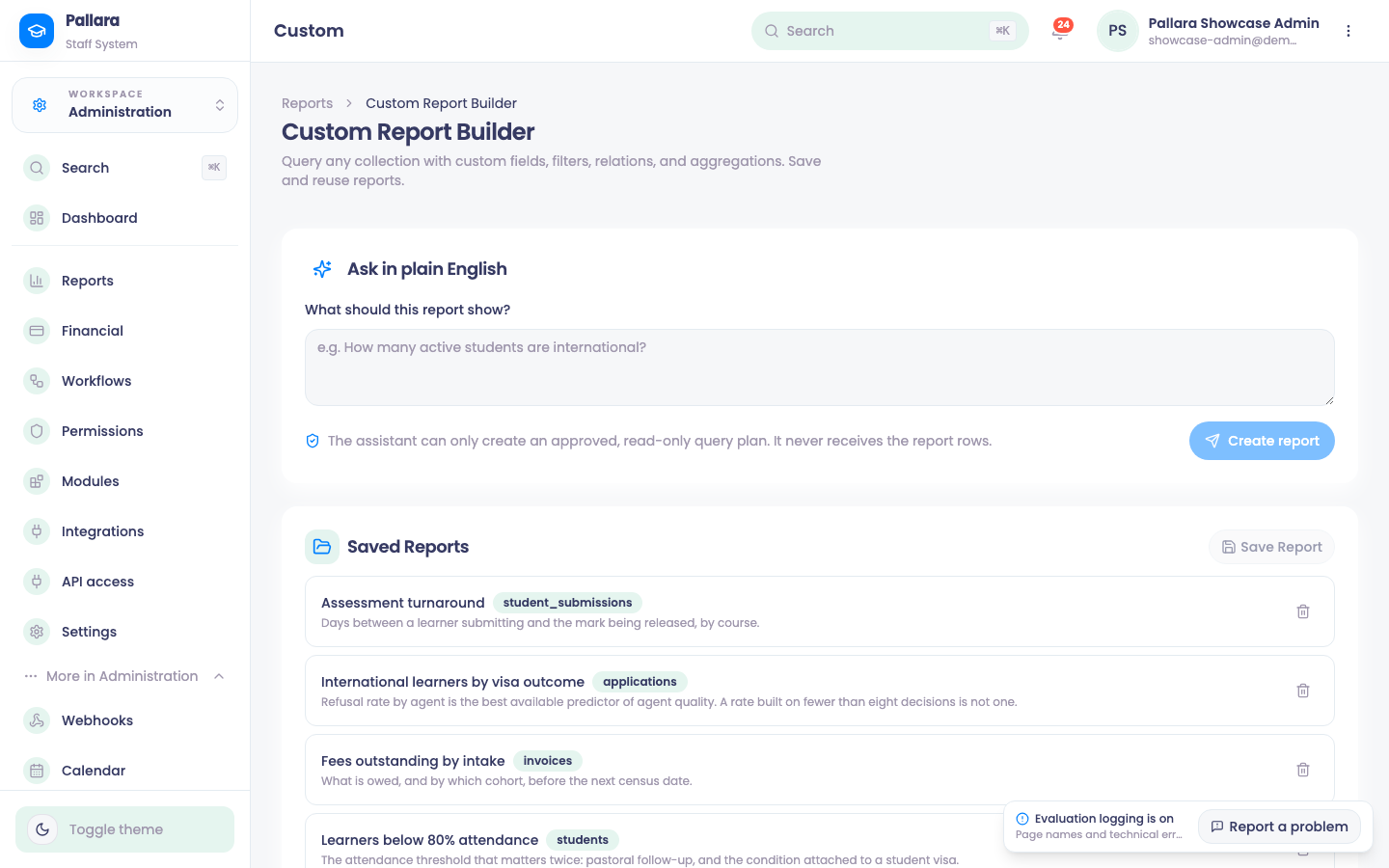 Custom Reports: collection, fields, filters, relations, sort and the saved reports.