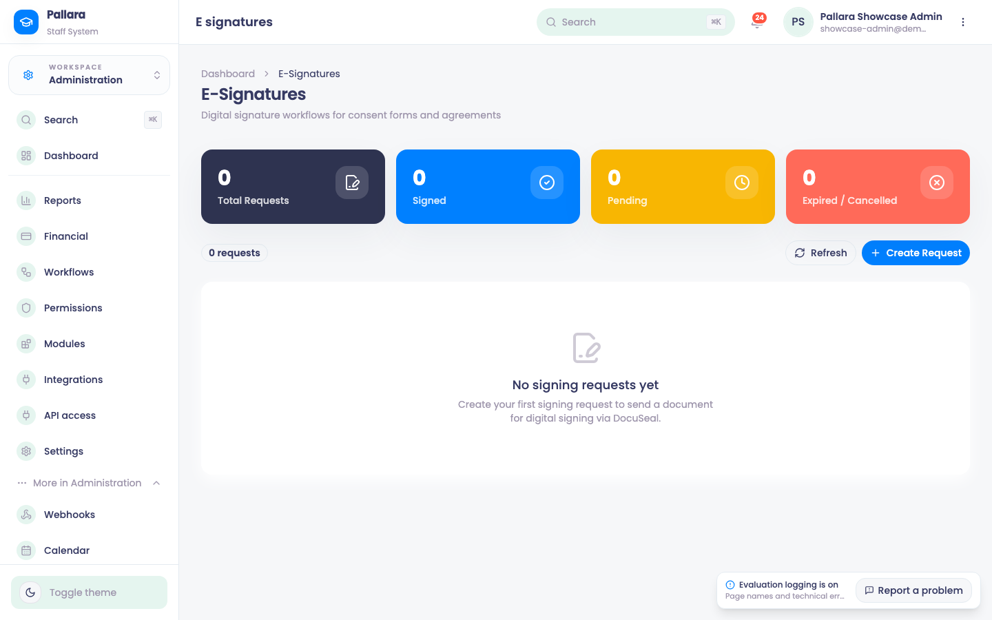 E-Signatures: signing requests and their status.