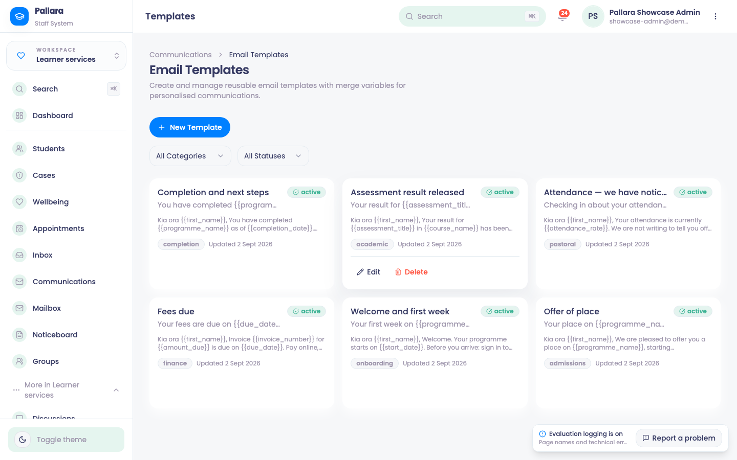 Email Templates: the library by category, each with its subject, status and last edit.