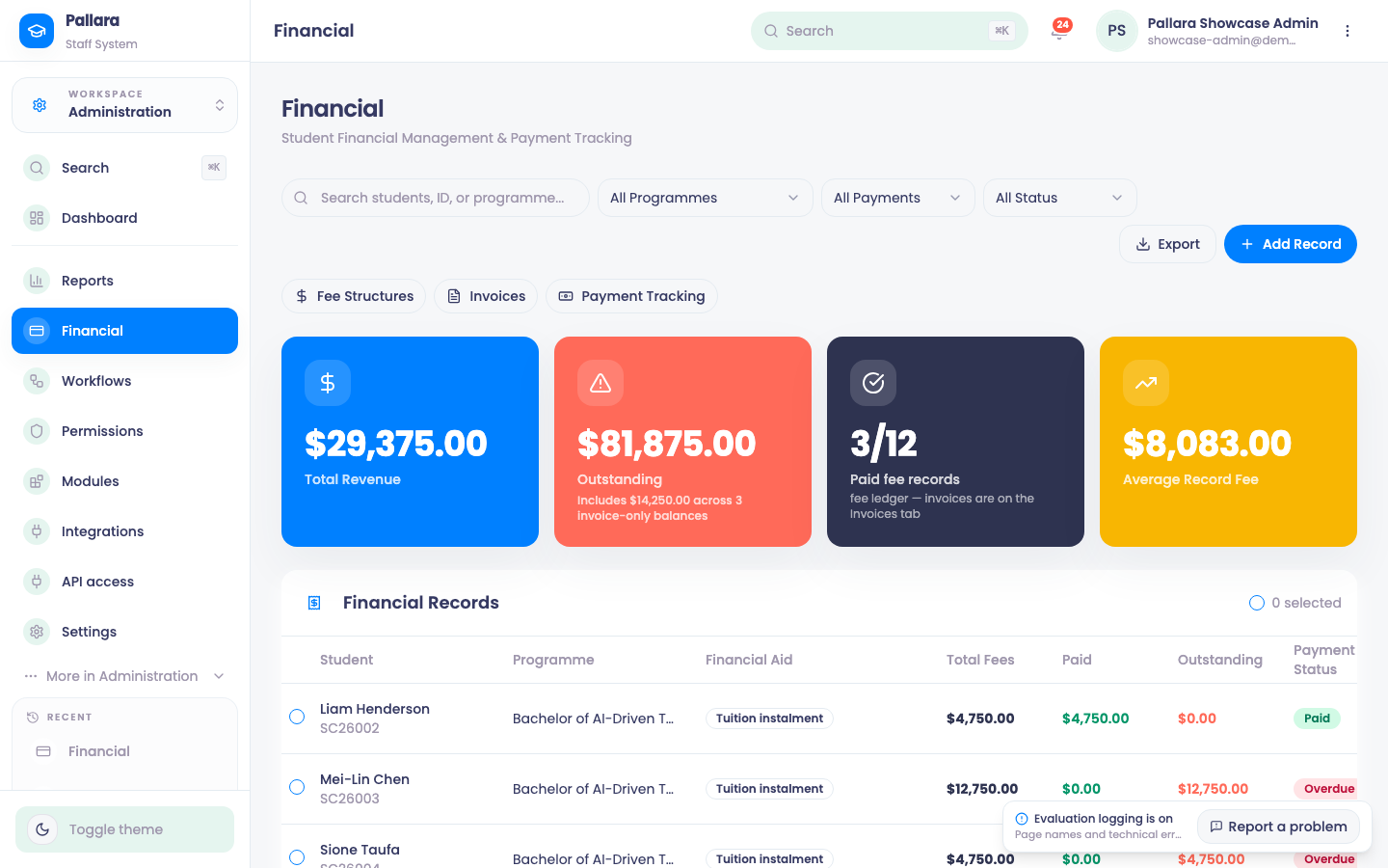 The Financial overview: summary cards, the ledger table and recent payments.