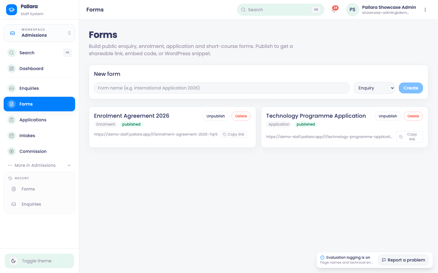 The Forms page: each form's type, published state, public link and Copy link.