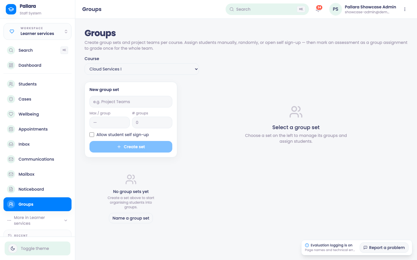 Groups: sets per course, each group's members and capacity.