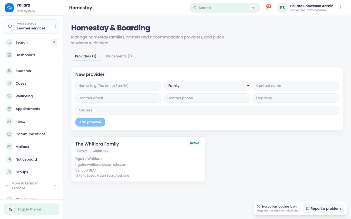 Homestay & Boarding: providers, capacity and placements.