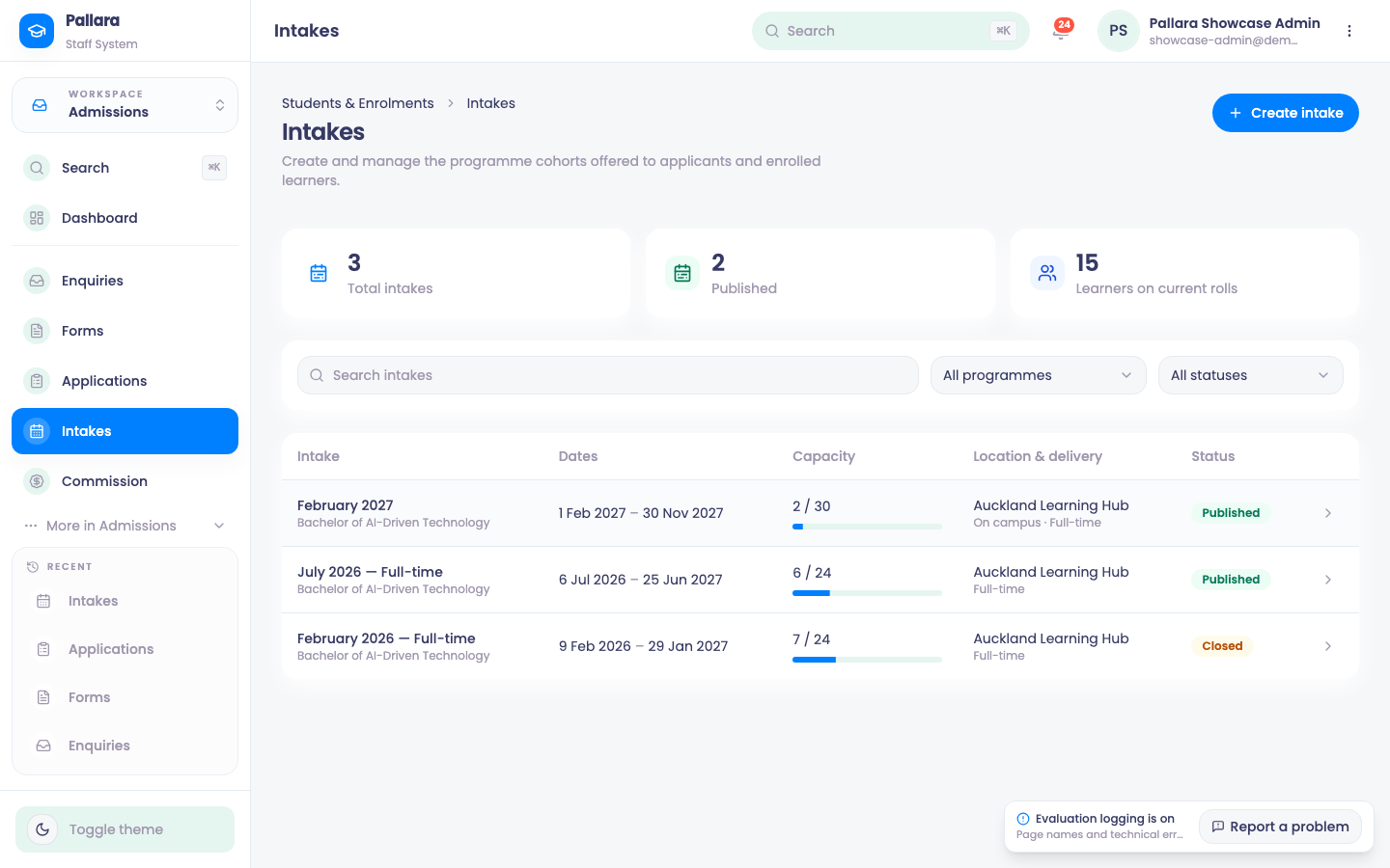 The Intakes page across all programmes: dates, capacity, location and delivery, status.