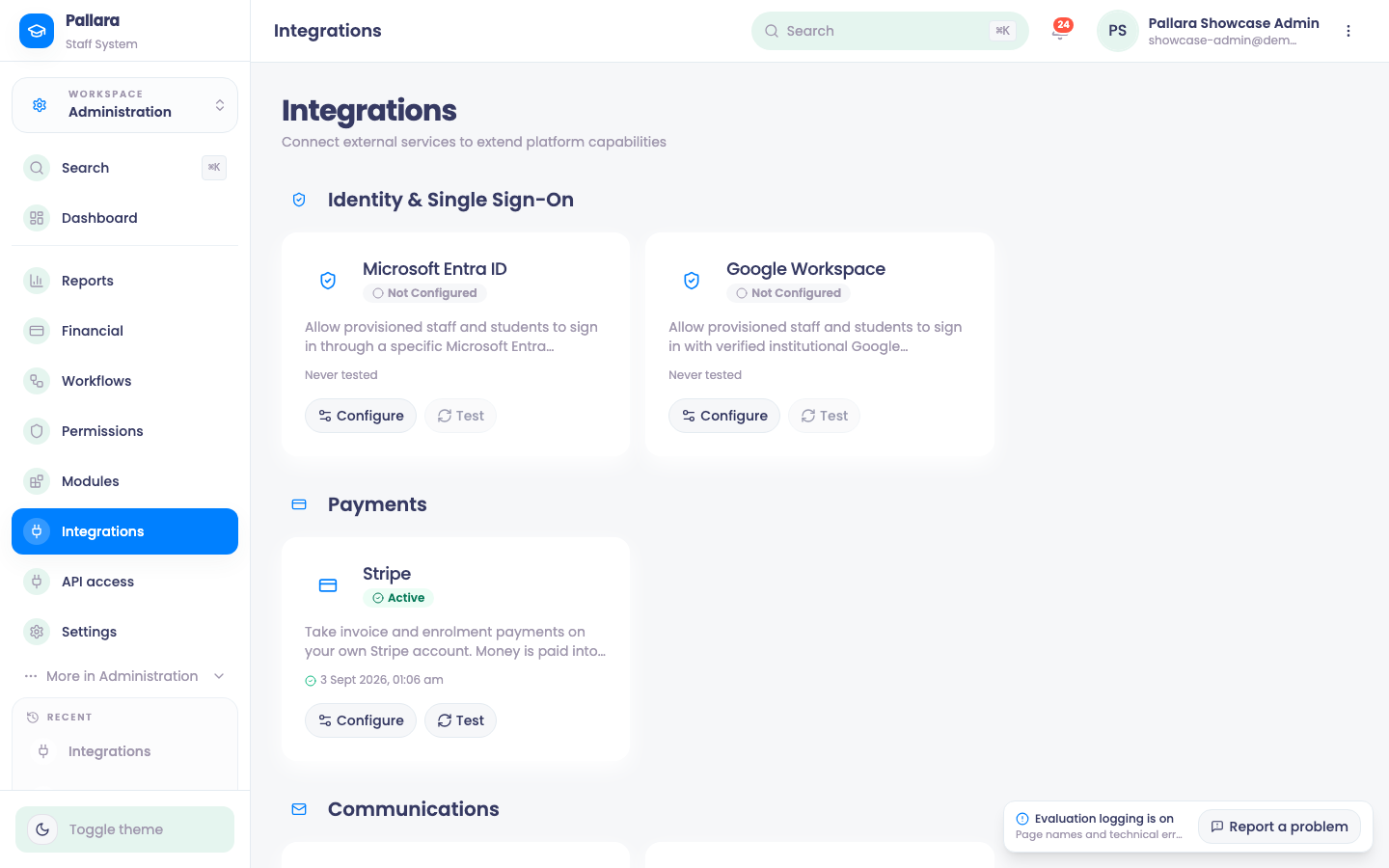 Integrations: one card per provider, with its state and Configure and Test actions.