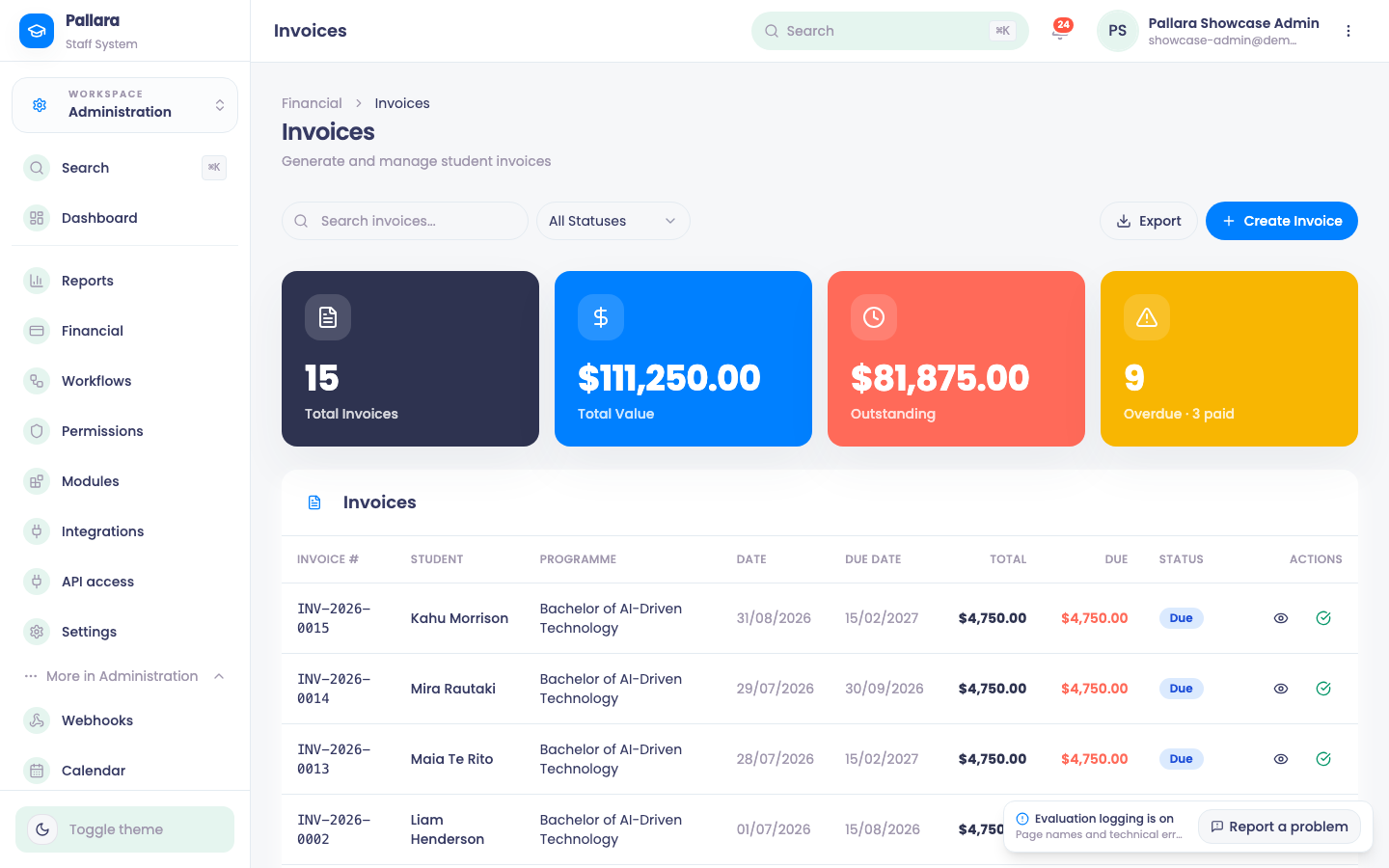 Invoices: status, totals, and the sent/paid/delete actions on each row.