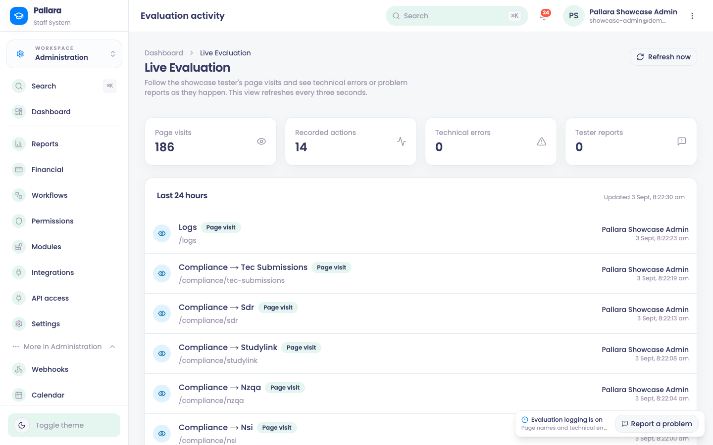 Live Evaluation: page visits, recorded actions, technical errors and tester reports, with the feed below.