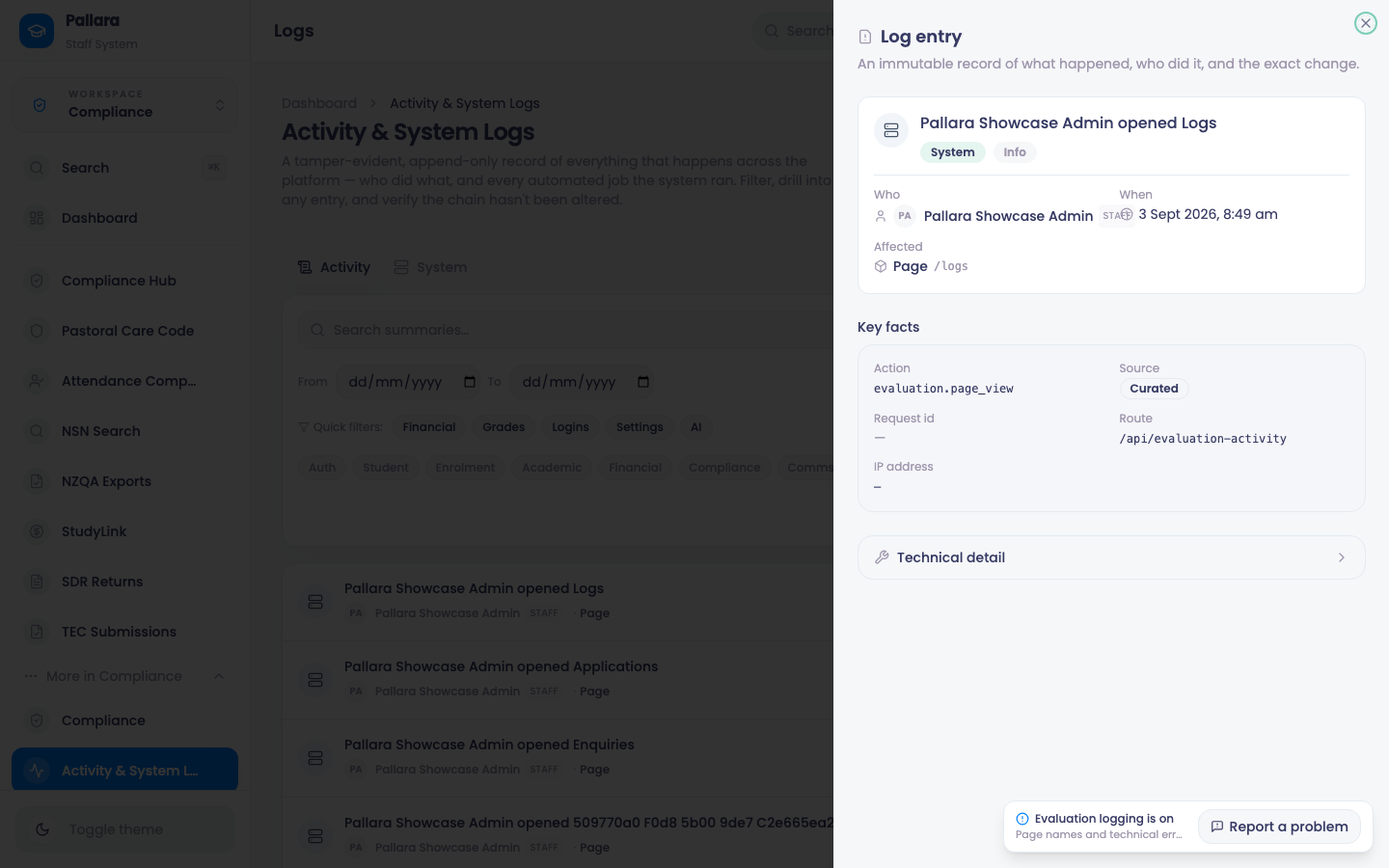 A log entry: Select an entry for the summary, actor, time, affected record and key facts — and the technical detail under its own disclosure.