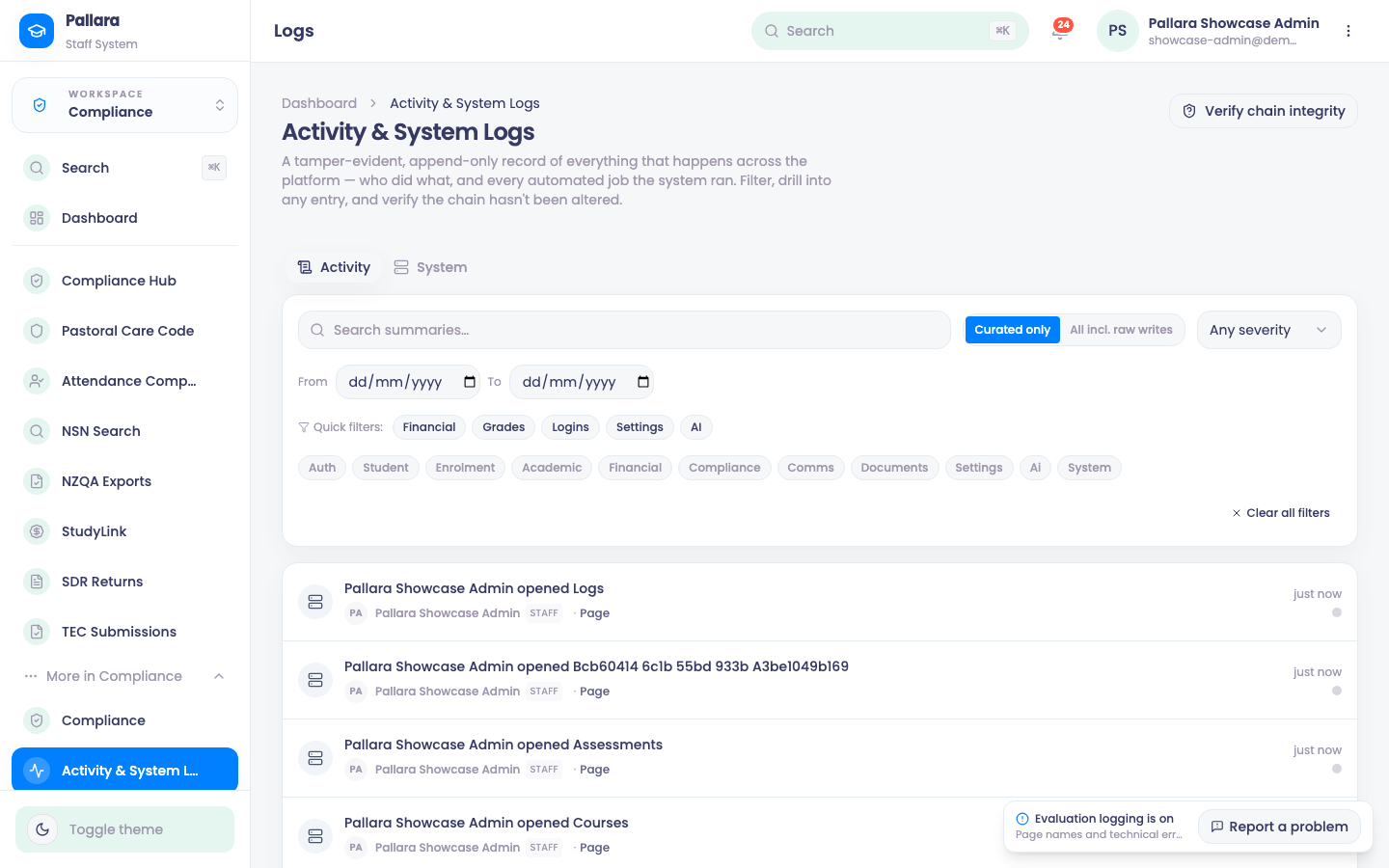 Activity & System Logs.