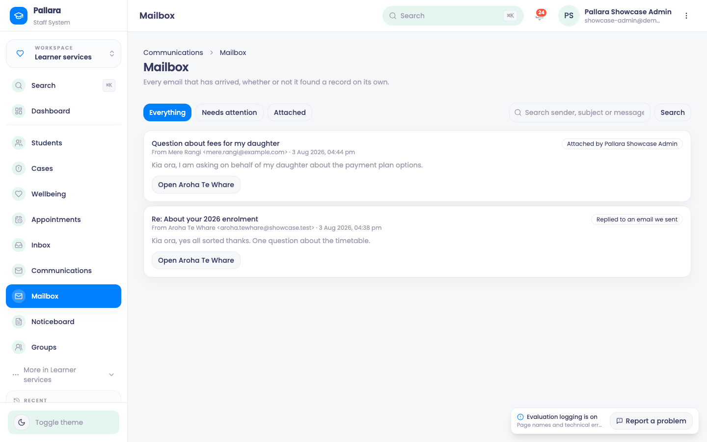 The Mailbox: everything that arrived, what still needs a person, and what has been attached.