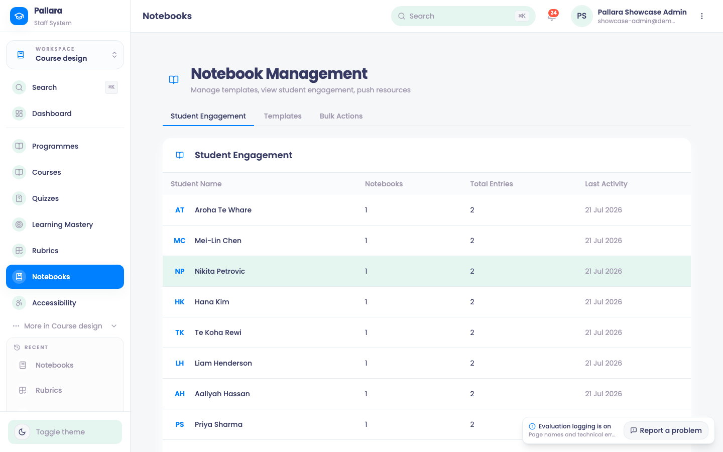 Staff Notebooks: templates, their status, and bulk actions.