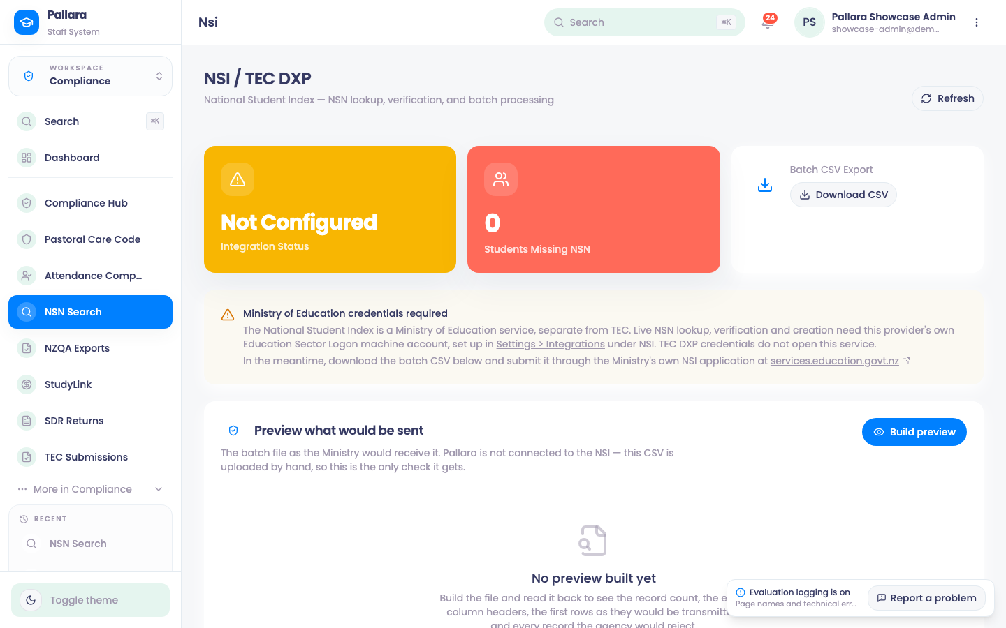 NSN Search: integration status, learners missing an NSN, the batch export and its preview.