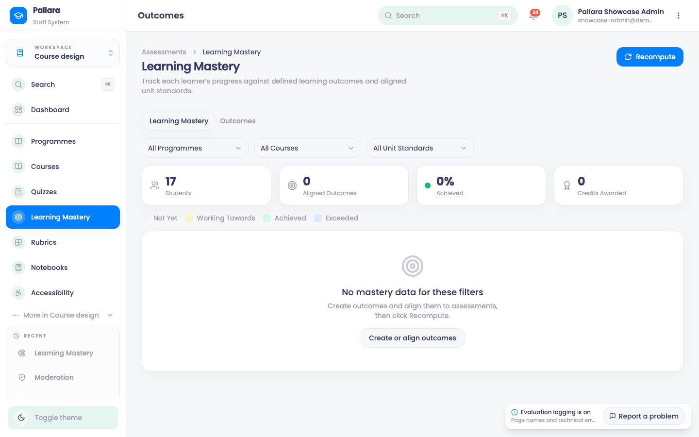 Learning Mastery: outcomes, alignments and each learner's mastery level.