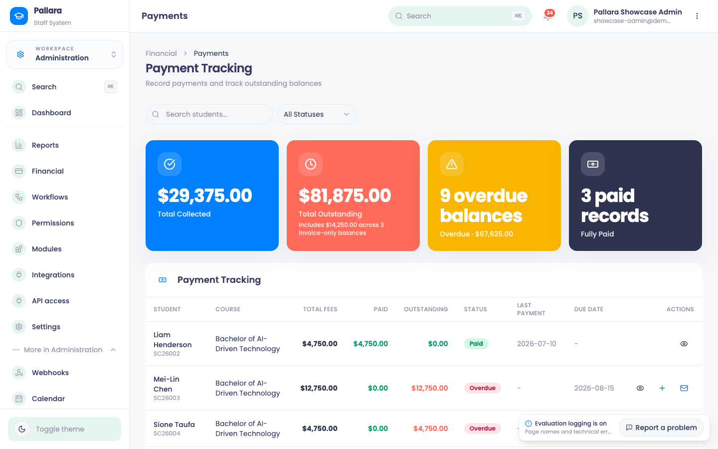 Payment Tracking: balances, the Record payment action and recent activity.