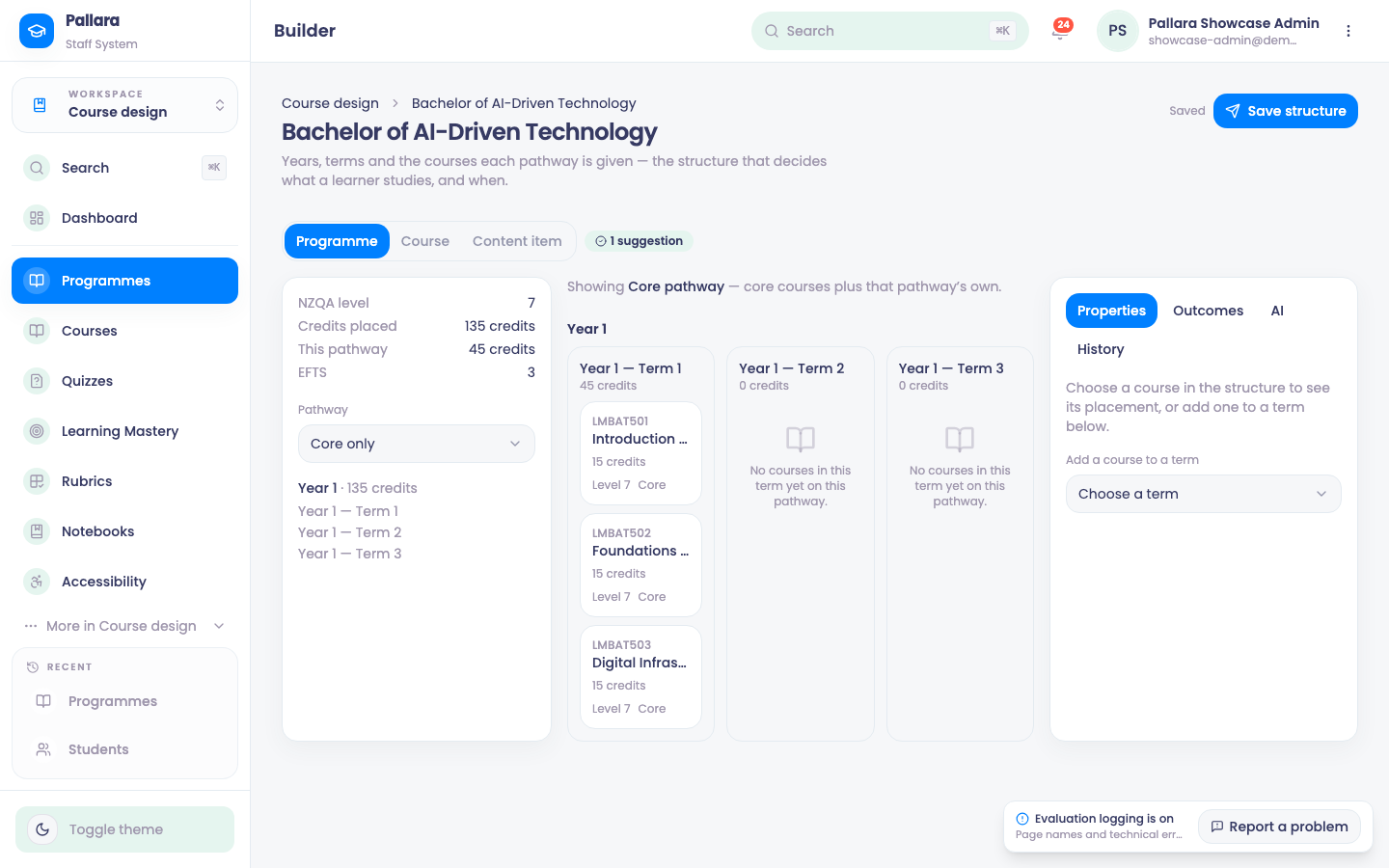 Programme Builder: The Builder: summary strip, Year 1's terms with placed courses, and the Properties / Outcomes / AI / History panel.