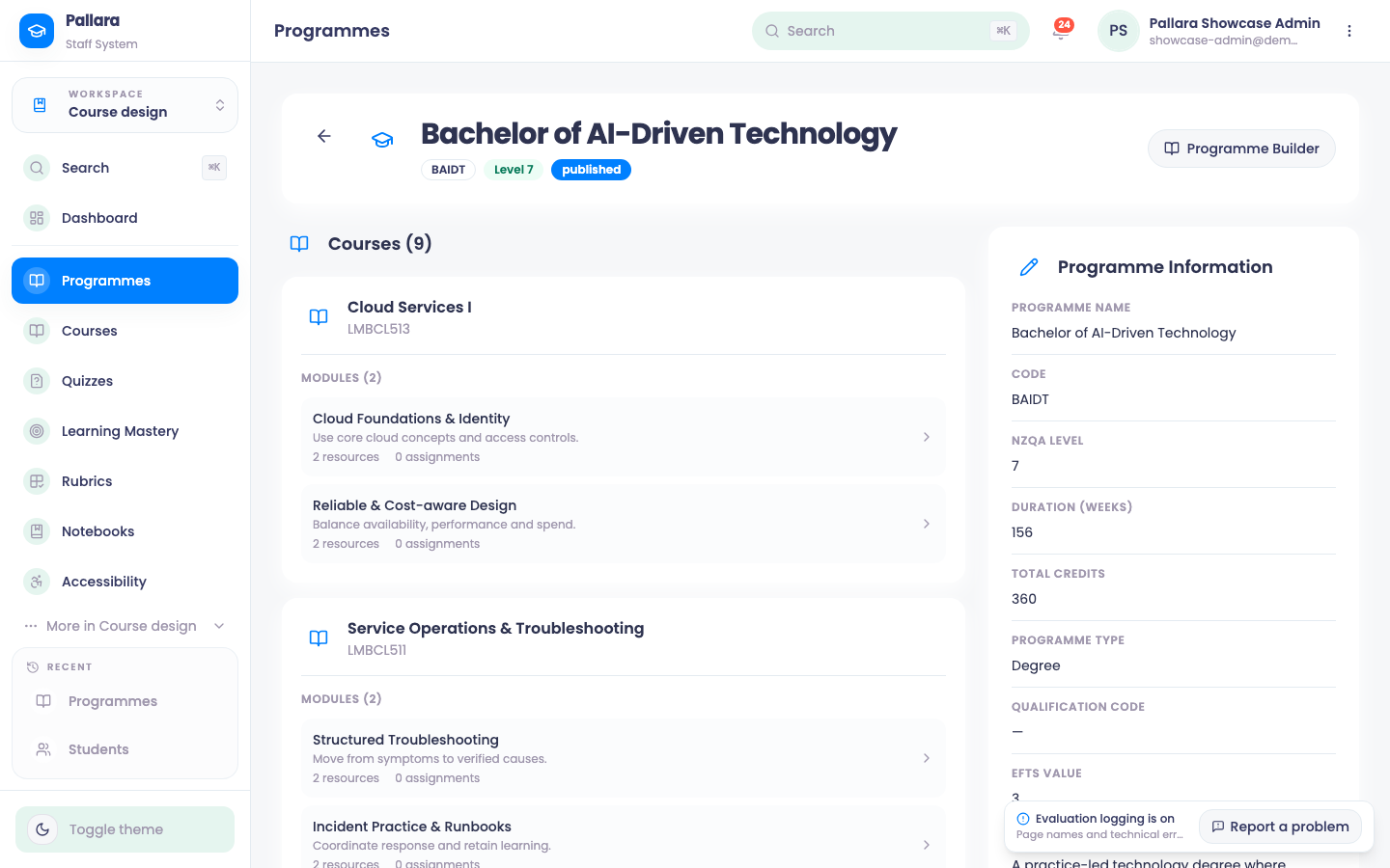 Programme detail: A programme's page: code, level, status, Programme Builder, and every course with its modules.