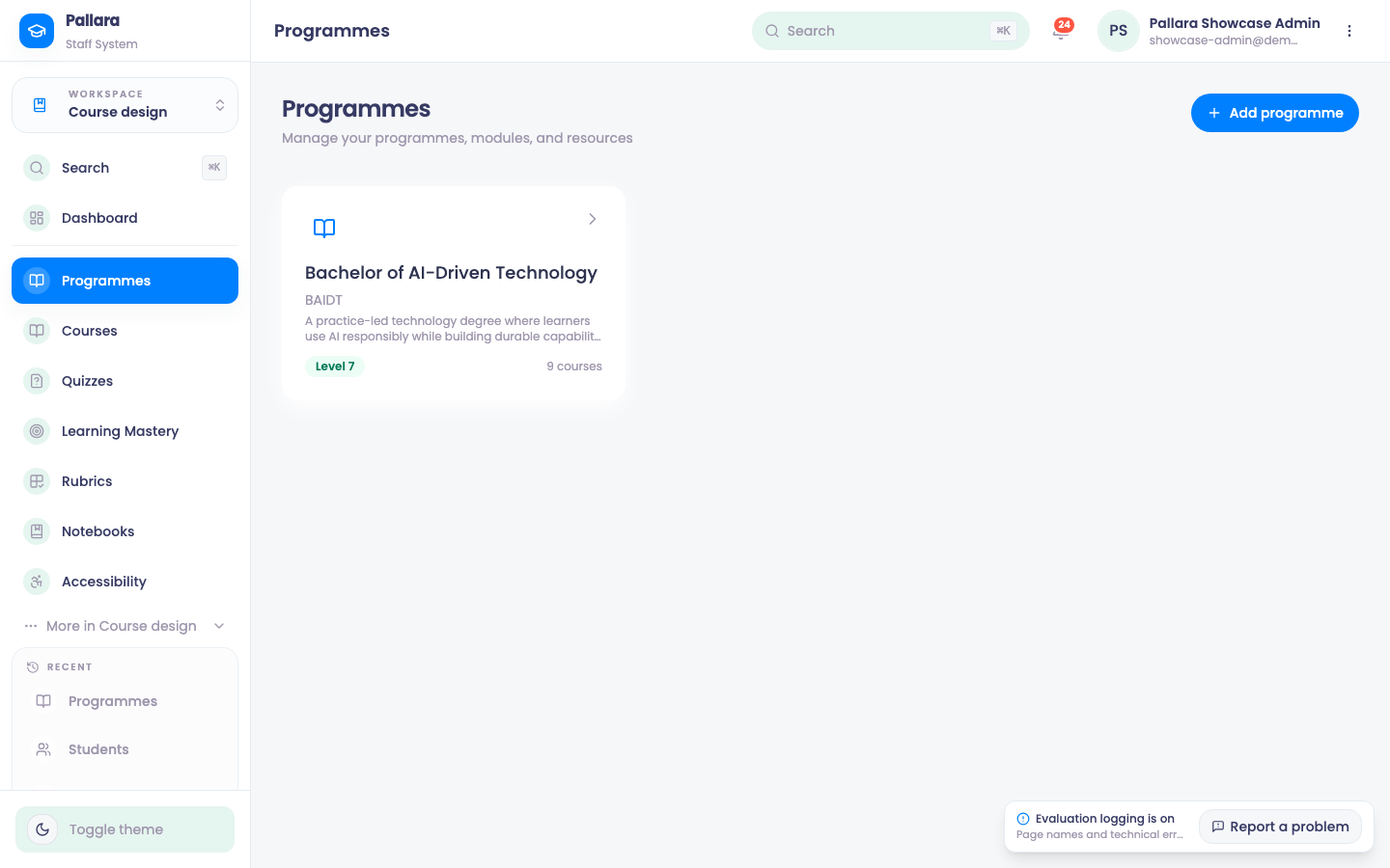 Programmes: Course design → Programmes: one card per programme with its level and course count.
