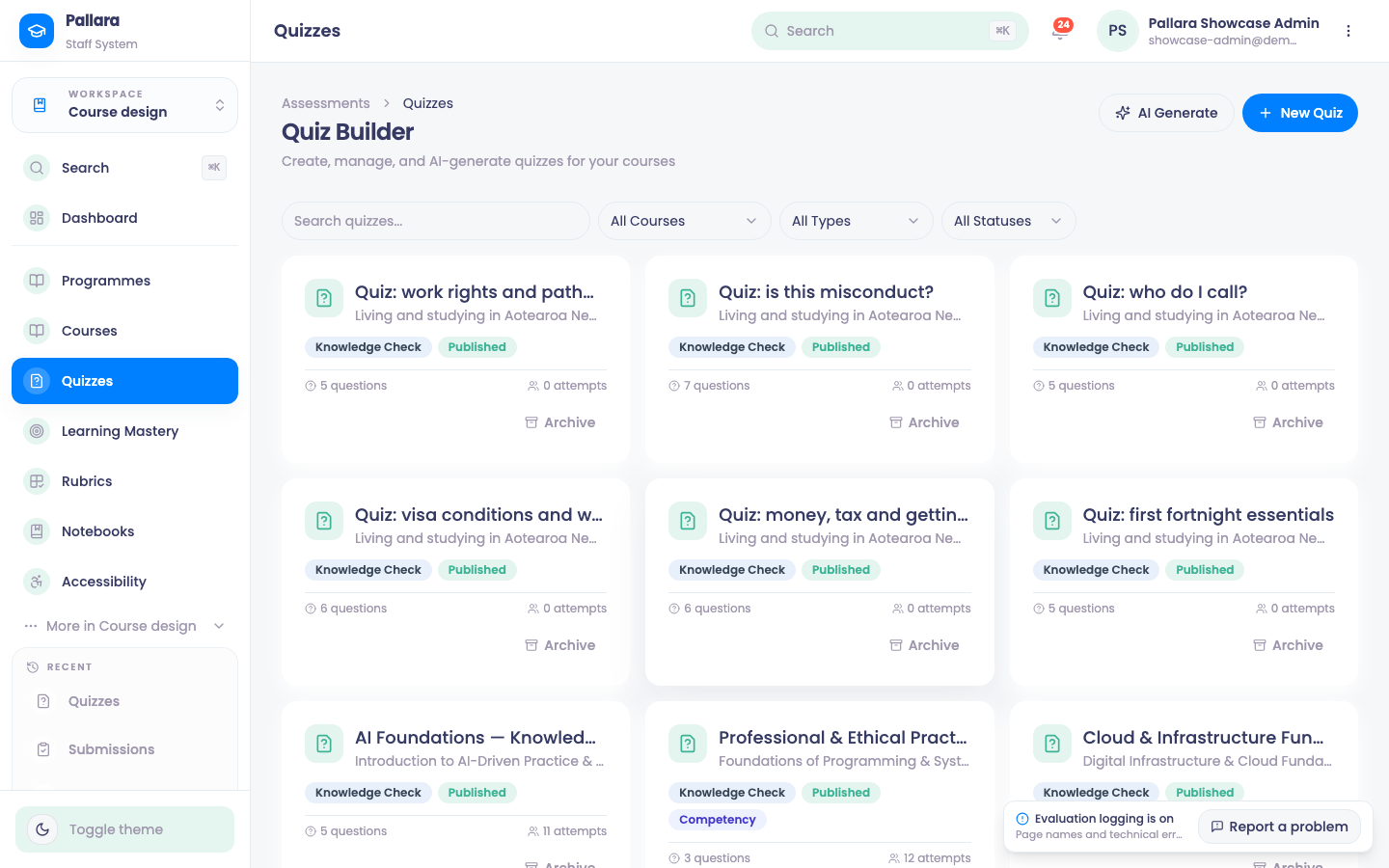 The Quizzes page: draft, published and archived quizzes with their course and question count.