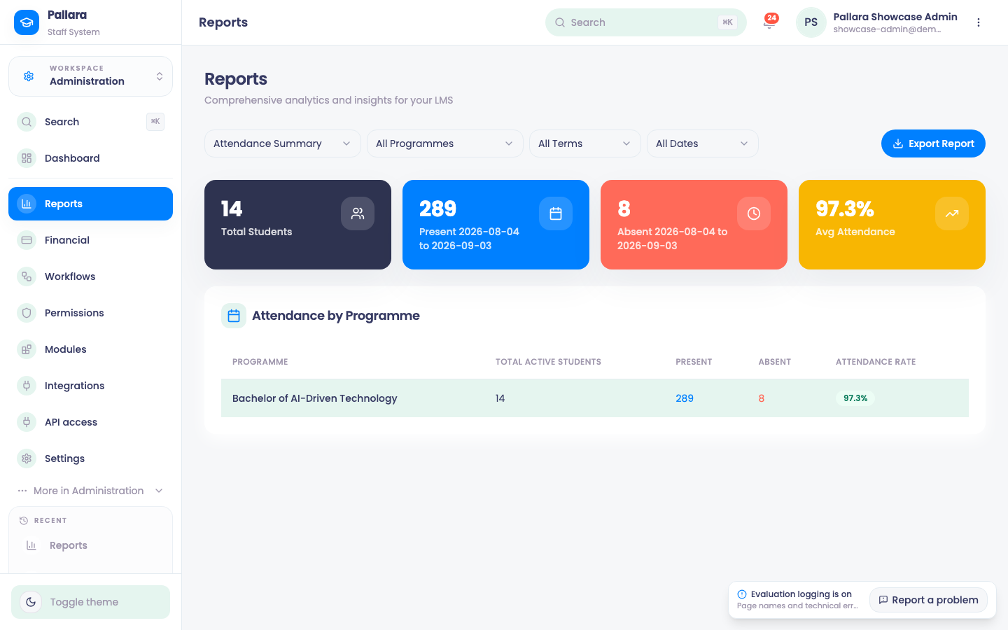 Reports: the report picker, its filters, KPI cards and table.
