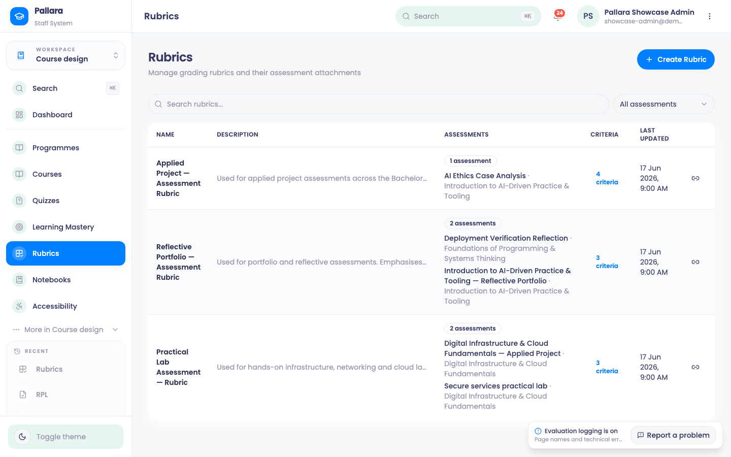 The Rubrics list with criterion counts. Attach a rubric to an assessment in Content Builder.