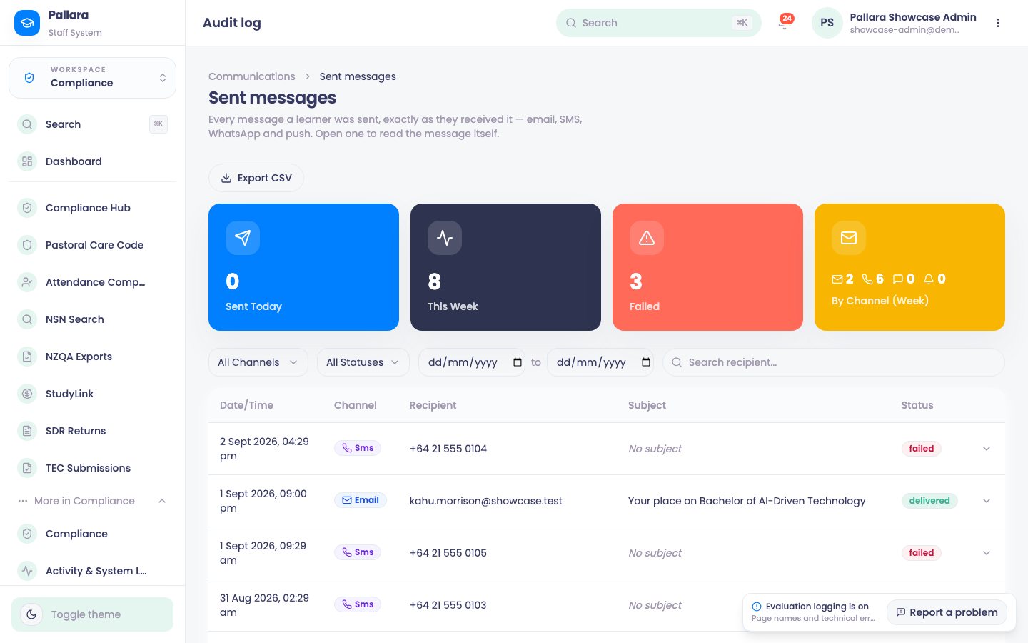 Sent messages: the channel totals, filters and the per-message outcome.