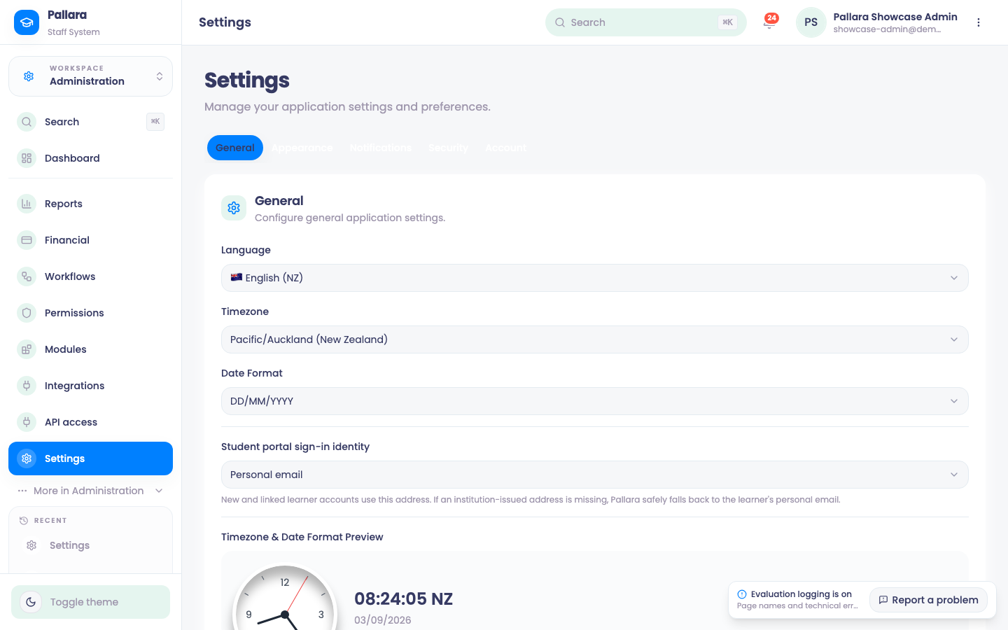 Settings: General, Appearance, Notifications, Account and Security.